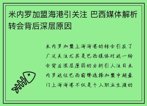 米内罗加盟海港引关注 巴西媒体解析转会背后深层原因 米内罗加盟海港引关注 巴西媒体解析转会背后深层原因