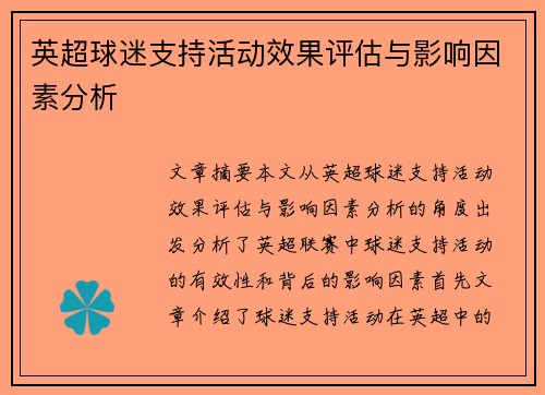 英超球迷支持活动效果评估与影响因素分析 英超球迷支持活动效果评估与影响因素分析